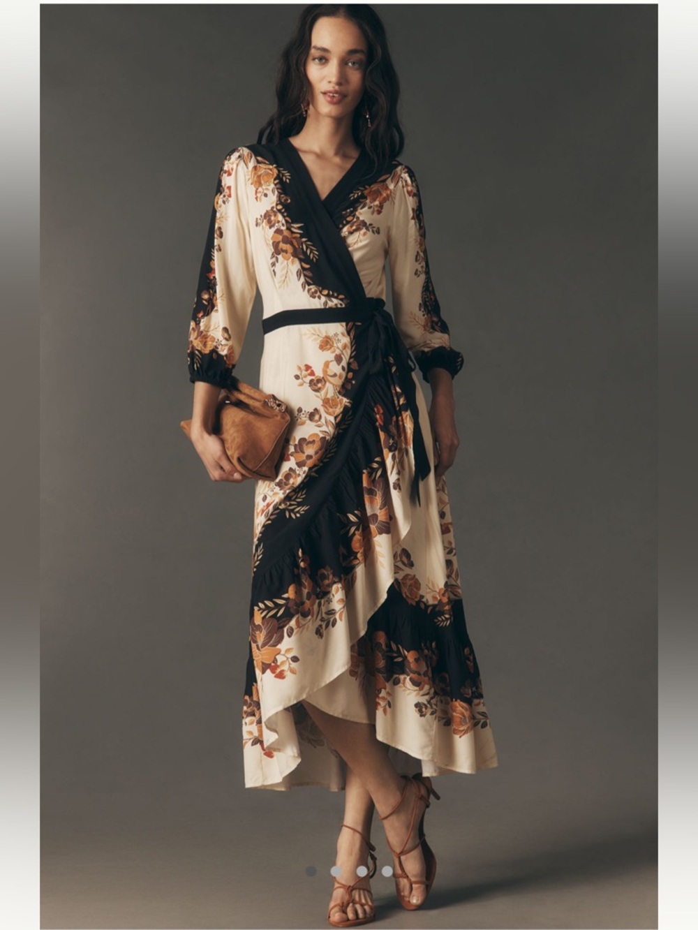 Farm Rio Long-Sleeve Floral Wrap Midi Dress - Sz S